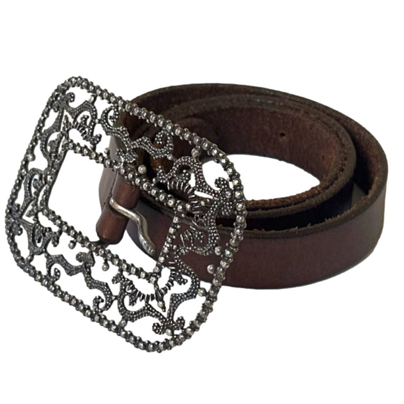 Vintage Ralph Lauren Leather Belt Brown Filigree Silver Buckle S fits 28.5-32.5” - Picture 3 of 9